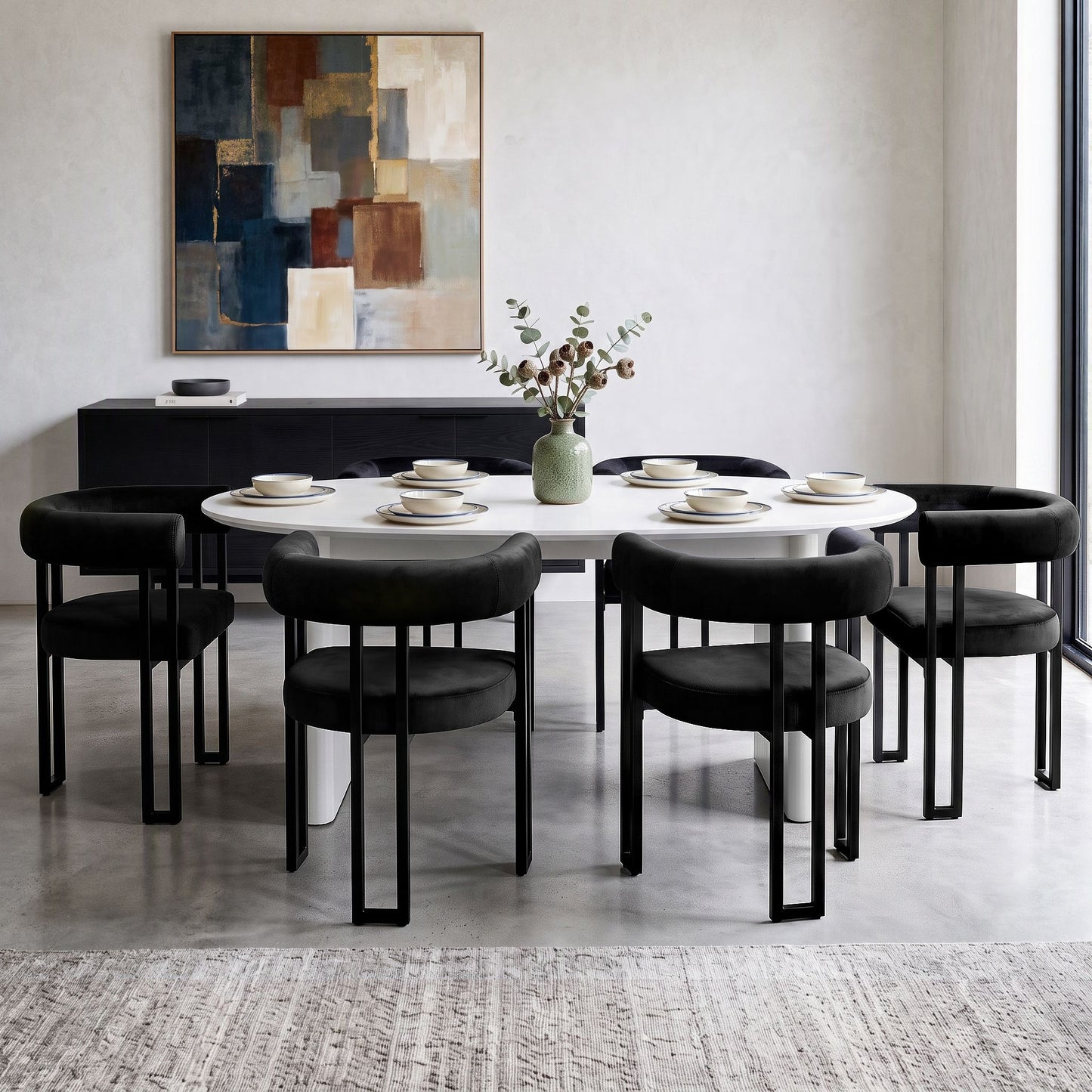 TWSC Dining Chairs Set of 6 Velvet Upholstered Barrel Chairs with Curved Armrests & Back Black