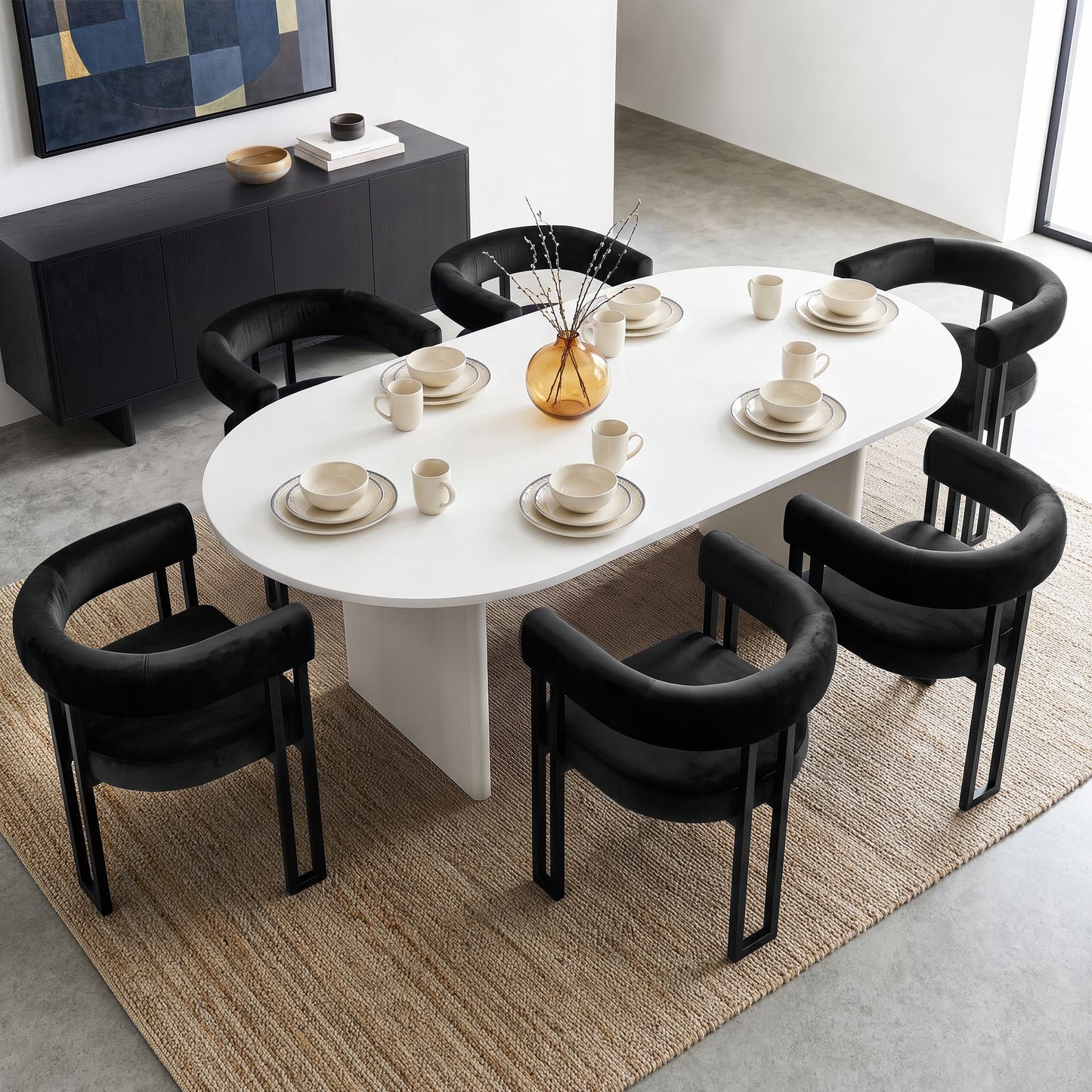 TWSC Dining Chairs Set of 6 Velvet Upholstered Barrel Chairs with Curved Armrests & Back Black