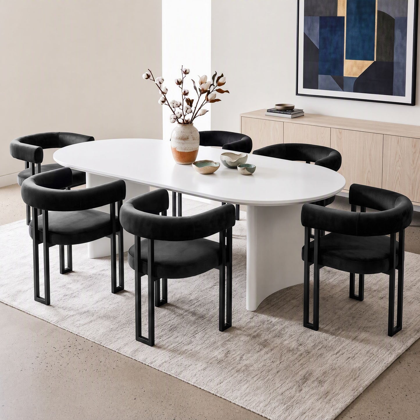 TWSC Dining Chairs Set of 6 Velvet Upholstered Barrel Chairs with Curved Armrests & Back Black