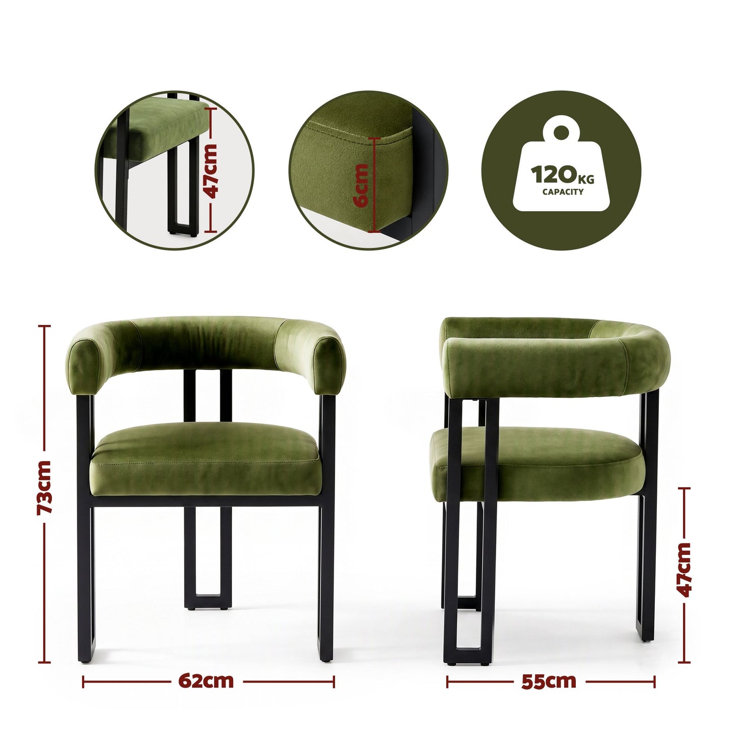TWSC Dining Chairs Set of 2 Velvet Upholstered Barrel Chairs with Curved Armrests & Back Green