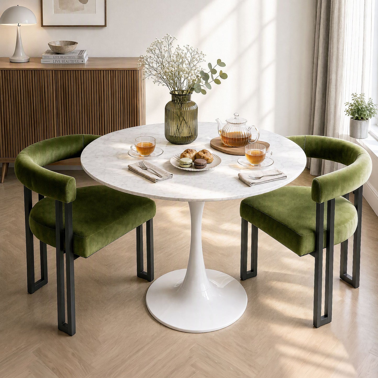TWSC Dining Chairs Set of 2 Velvet Upholstered Barrel Chairs with Curved Armrests & Back Green
