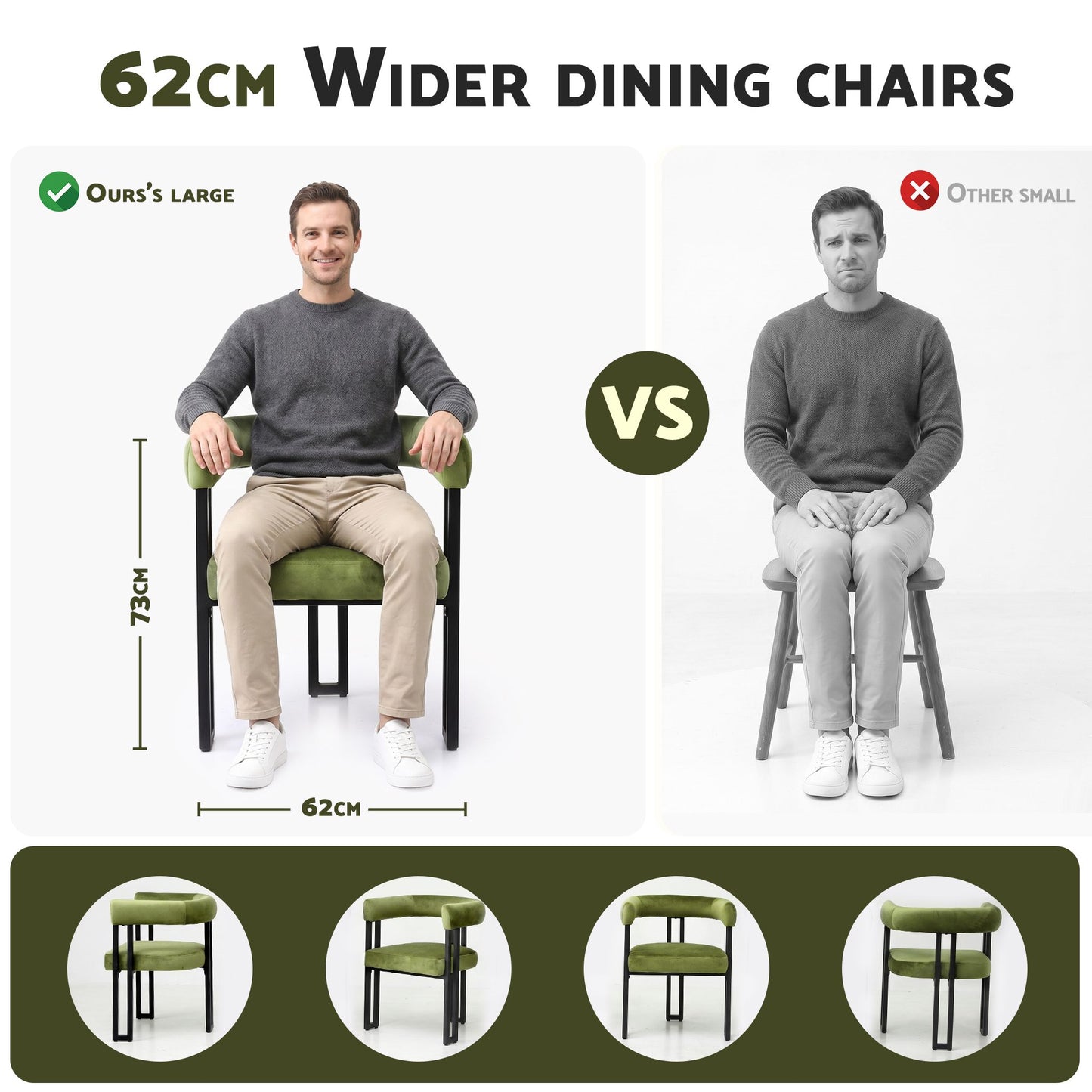 TWSC Dining Chairs Set of 2 Velvet Upholstered Barrel Chairs with Curved Armrests & Back Green