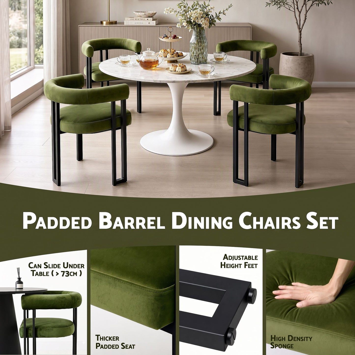 TWSC Dining Chairs Set of 2 Velvet Upholstered Barrel Chairs with Curved Armrests & Back Green