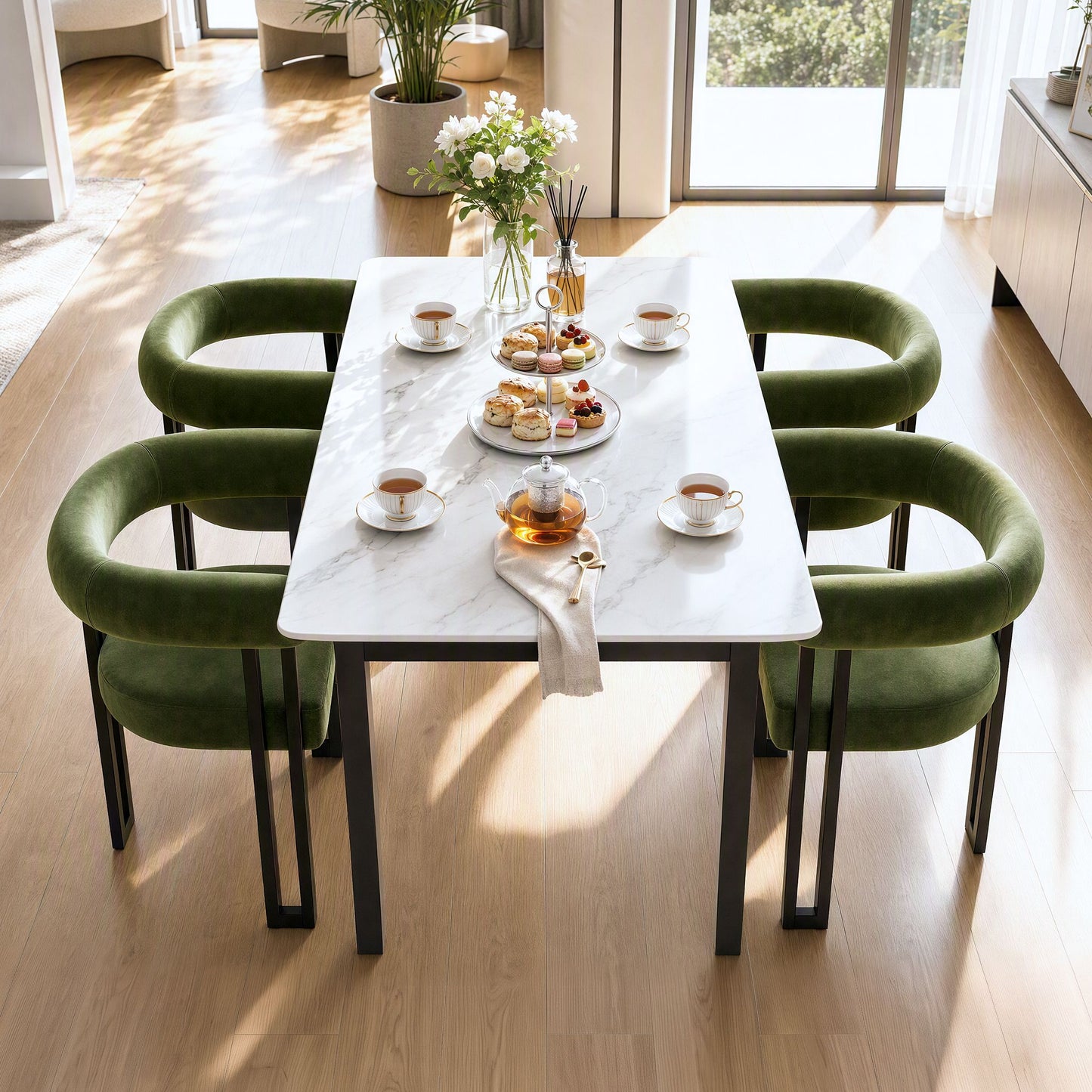 TWSC Dining Chairs Set of 2 Velvet Upholstered Barrel Chairs with Curved Armrests & Back Green