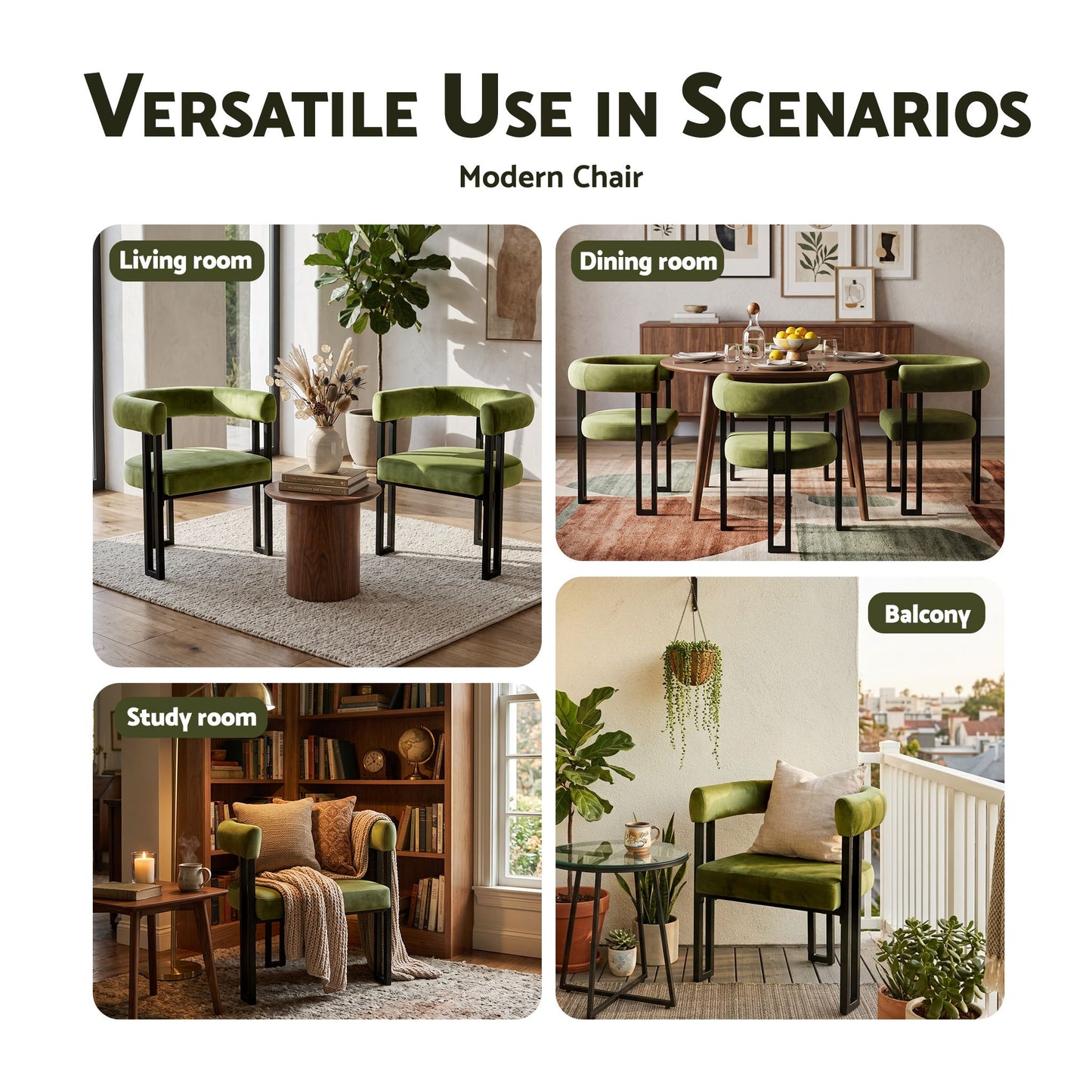 TWSC Dining Chairs Set of 2 Velvet Upholstered Barrel Chairs with Curved Armrests & Back Green