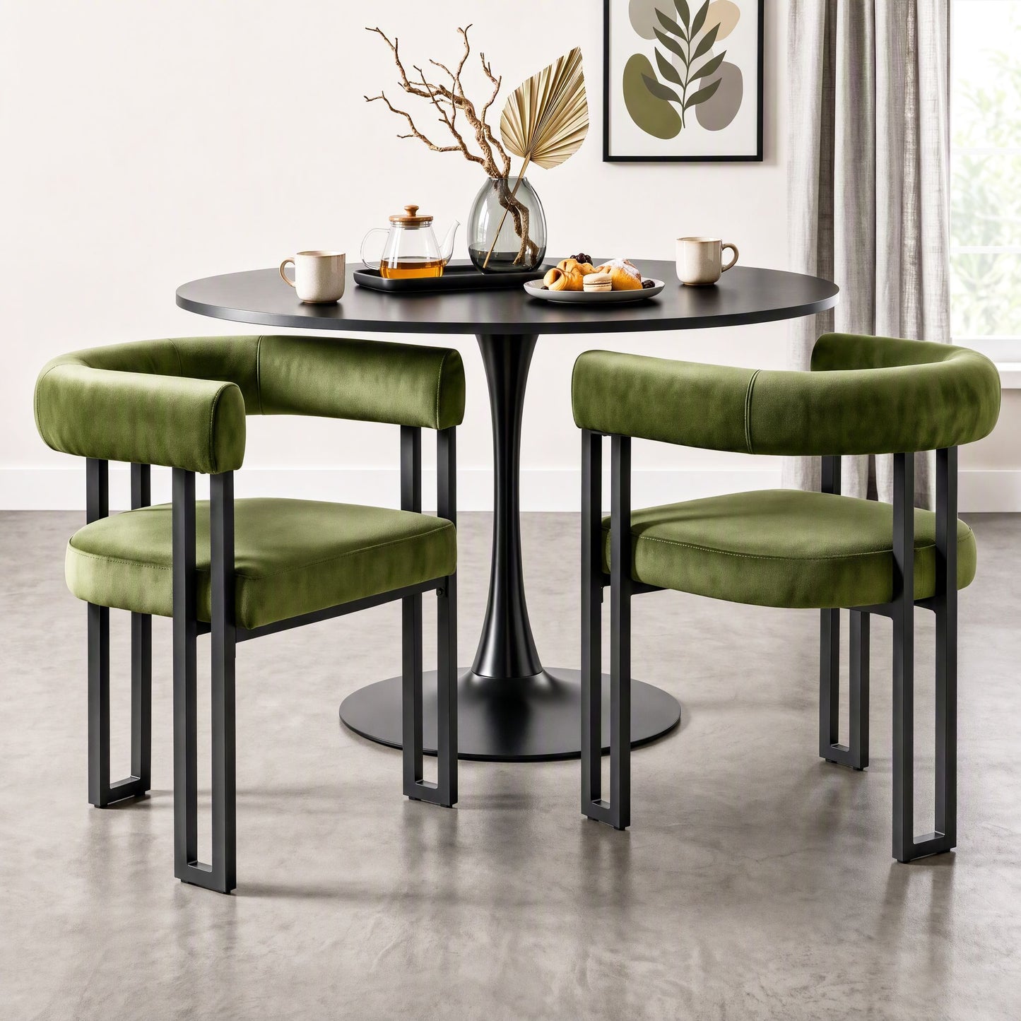 TWSC Dining Chairs Set of 2 Velvet Upholstered Barrel Chairs with Curved Armrests & Back Green