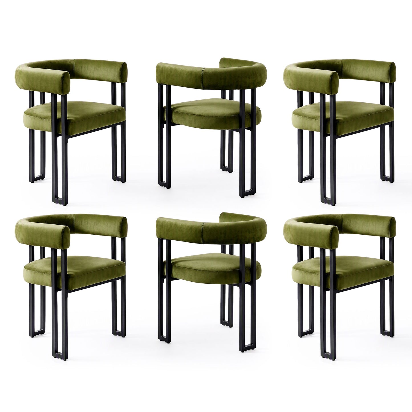 TWSC Dining Chairs Set of 6 Velvet Upholstered Barrel Chairs with Curved Armrests & Back Green