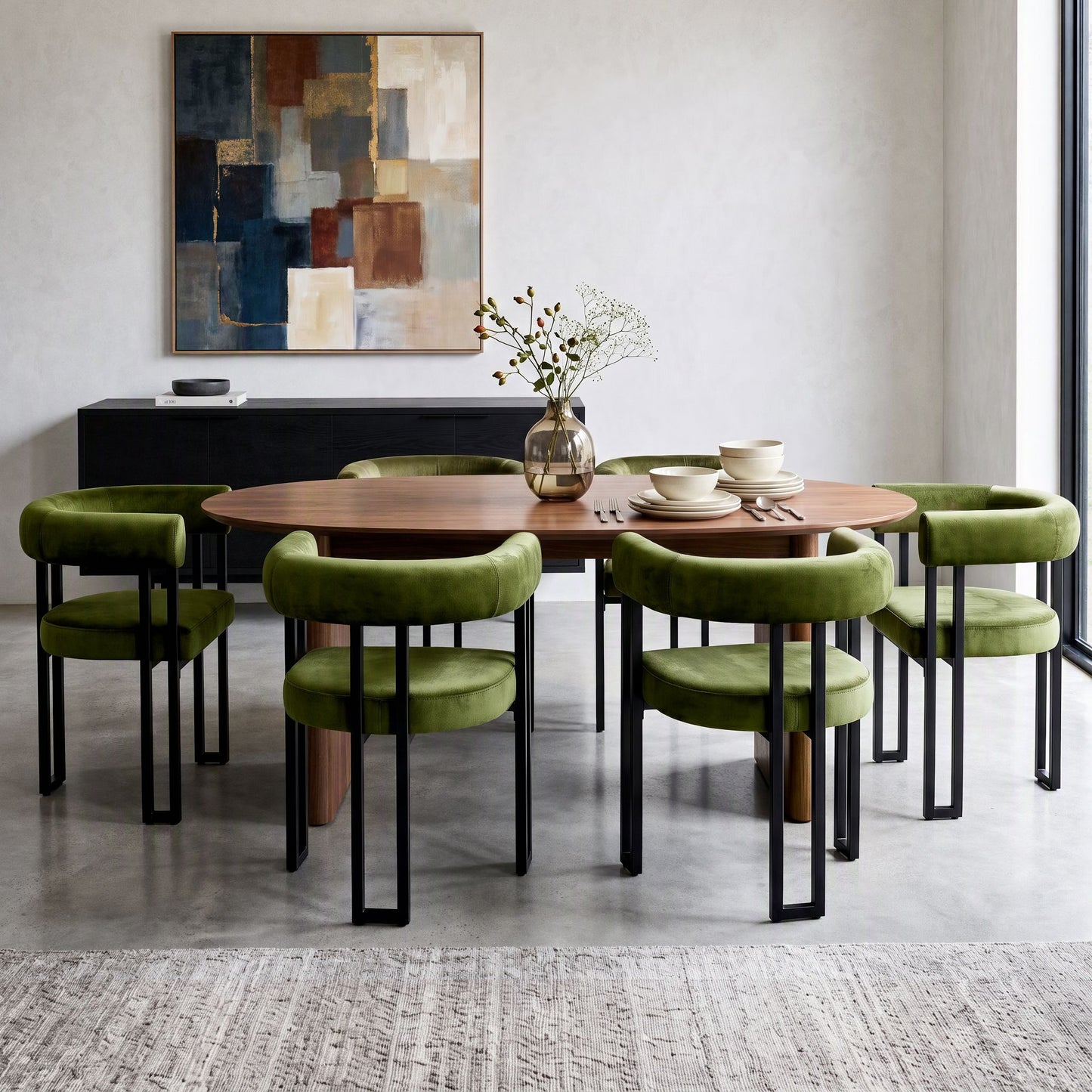 TWSC Dining Chairs Set of 6 Velvet Upholstered Barrel Chairs with Curved Armrests & Back Green