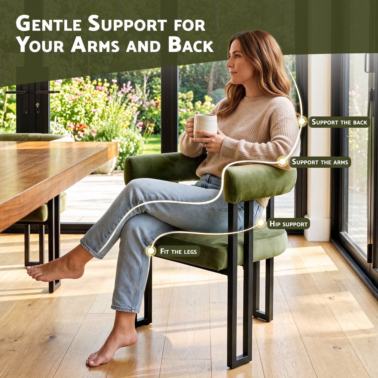 TWSC Dining Chairs Set of 6 Velvet Upholstered Barrel Chairs with Curved Armrests & Back Green