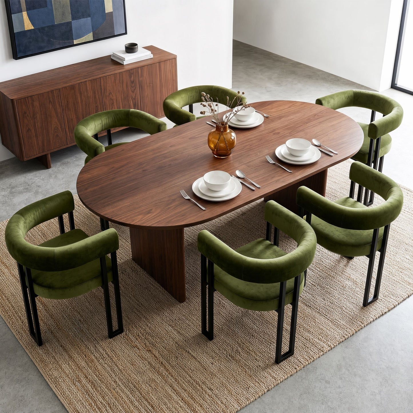 TWSC Dining Chairs Set of 6 Velvet Upholstered Barrel Chairs with Curved Armrests & Back Green