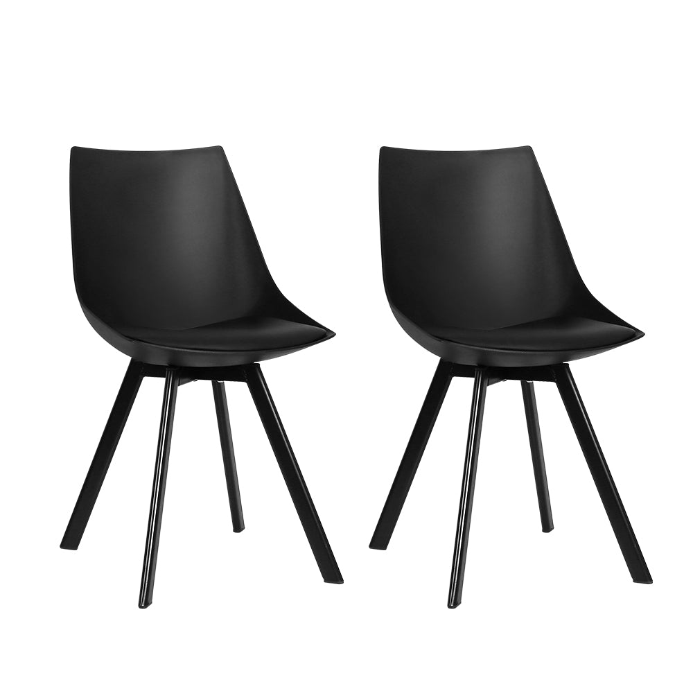 Dining Chairs Set of 2 - Cushioned PU Leather, Black with Steel Legs