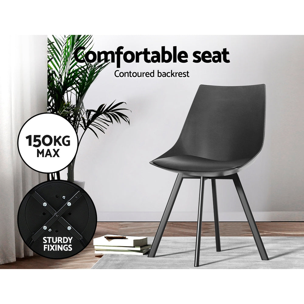Dining Chairs Set of 2 - Cushioned PU Leather, Black with Steel Legs