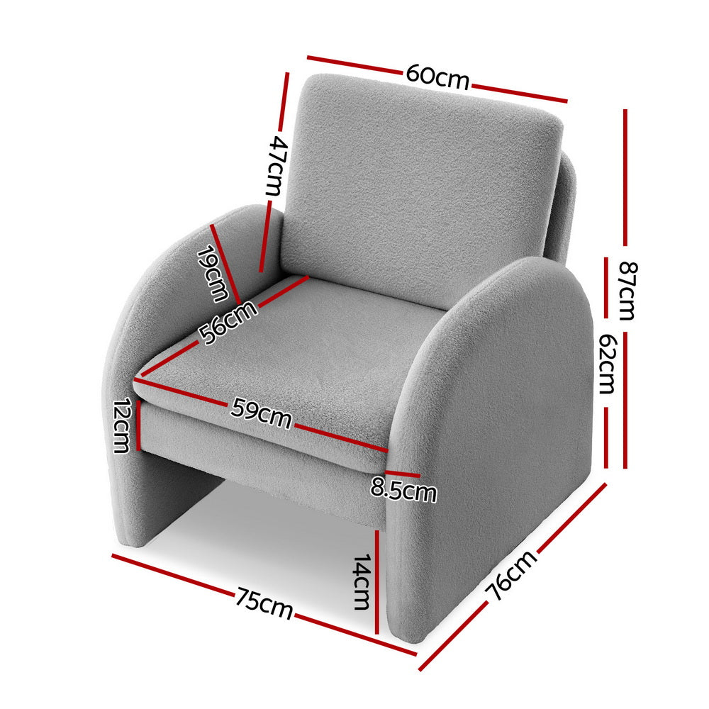 Armchair Accent Chair – Curved Arm, Grey Boucle Upholstery