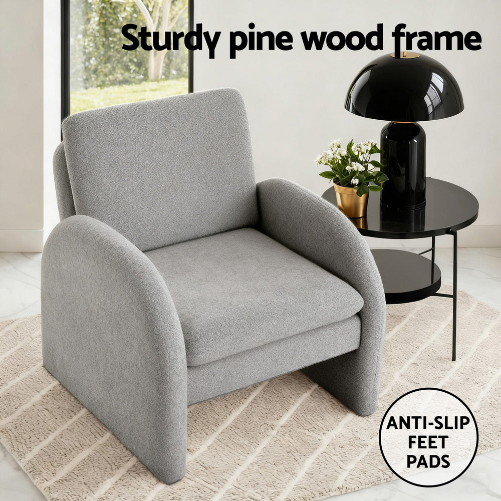 Armchair Accent Chair – Curved Arm, Grey Boucle Upholstery