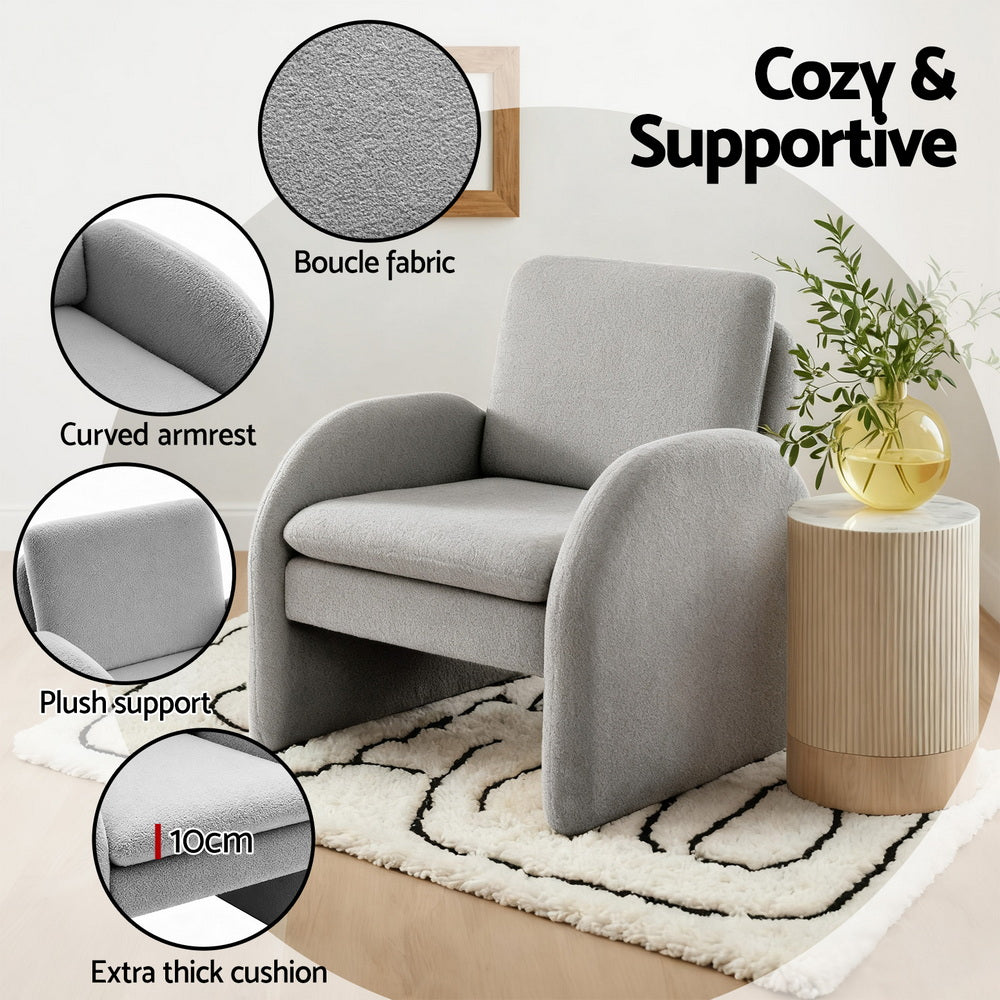 Armchair Accent Chair – Curved Arm, Grey Boucle Upholstery
