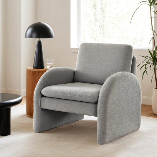 Armchair Accent Chair – Curved Arm, Grey Boucle Upholstery