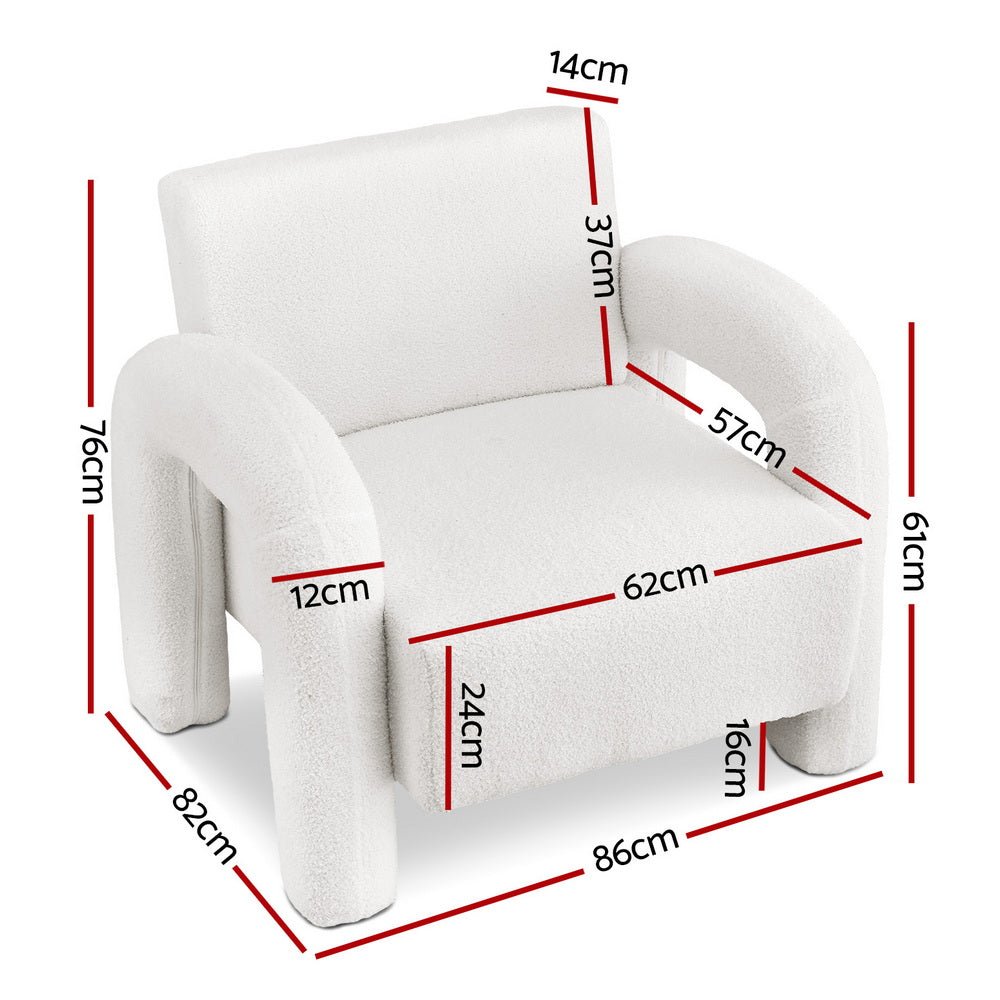 Armchair Accent Chair – Curved Seat, White Boucle Upholstery