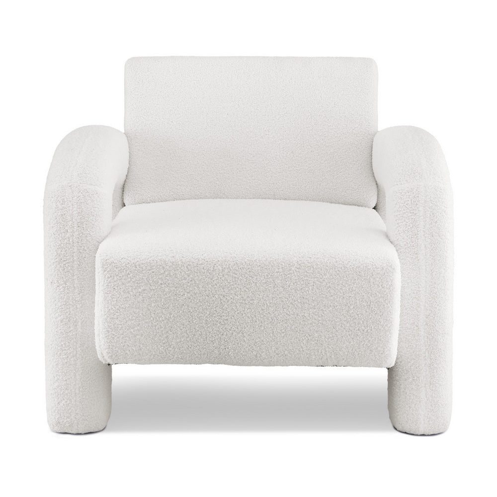 Armchair Accent Chair – Curved Seat, White Boucle Upholstery