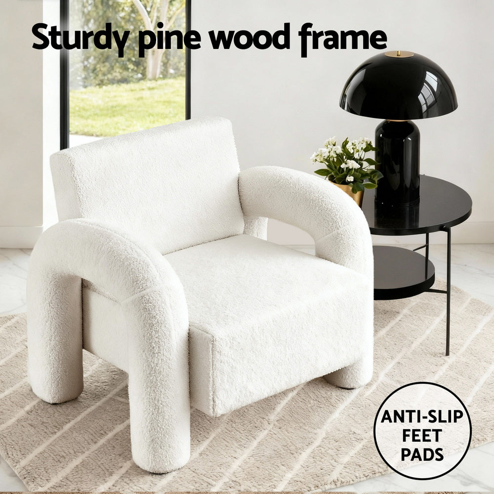 Armchair Accent Chair – Curved Seat, White Boucle Upholstery