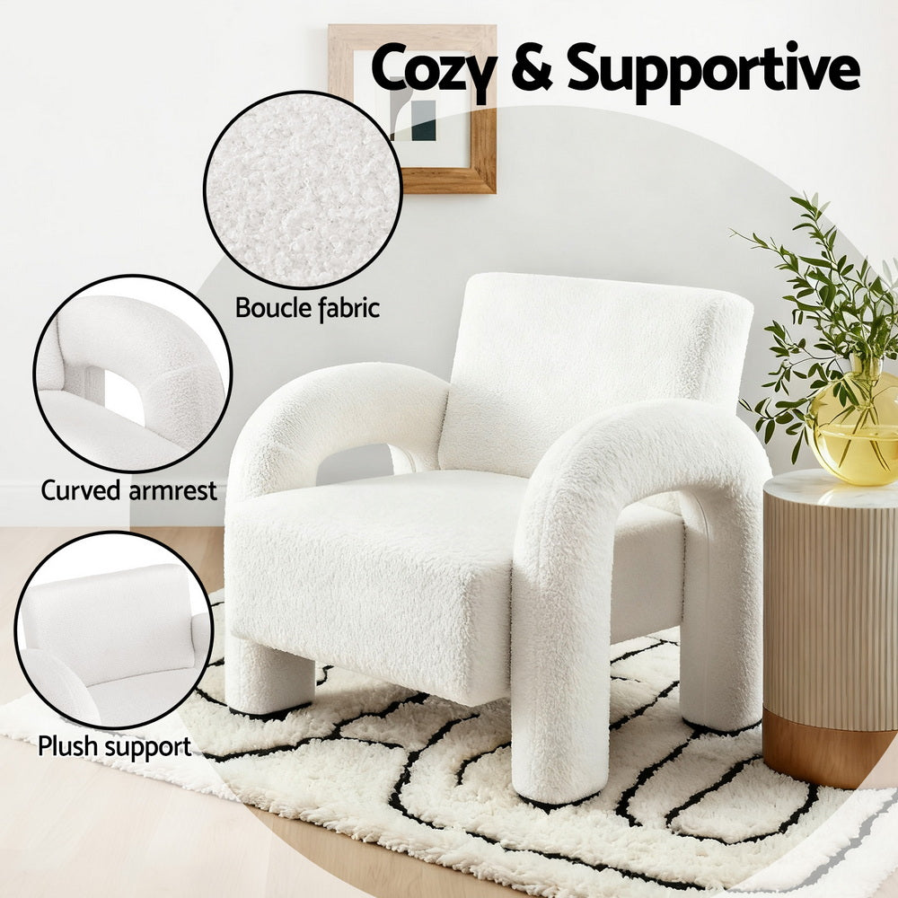 Armchair Accent Chair – Curved Seat, White Boucle Upholstery