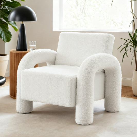 Armchair Accent Chair – Curved Seat, White Boucle Upholstery