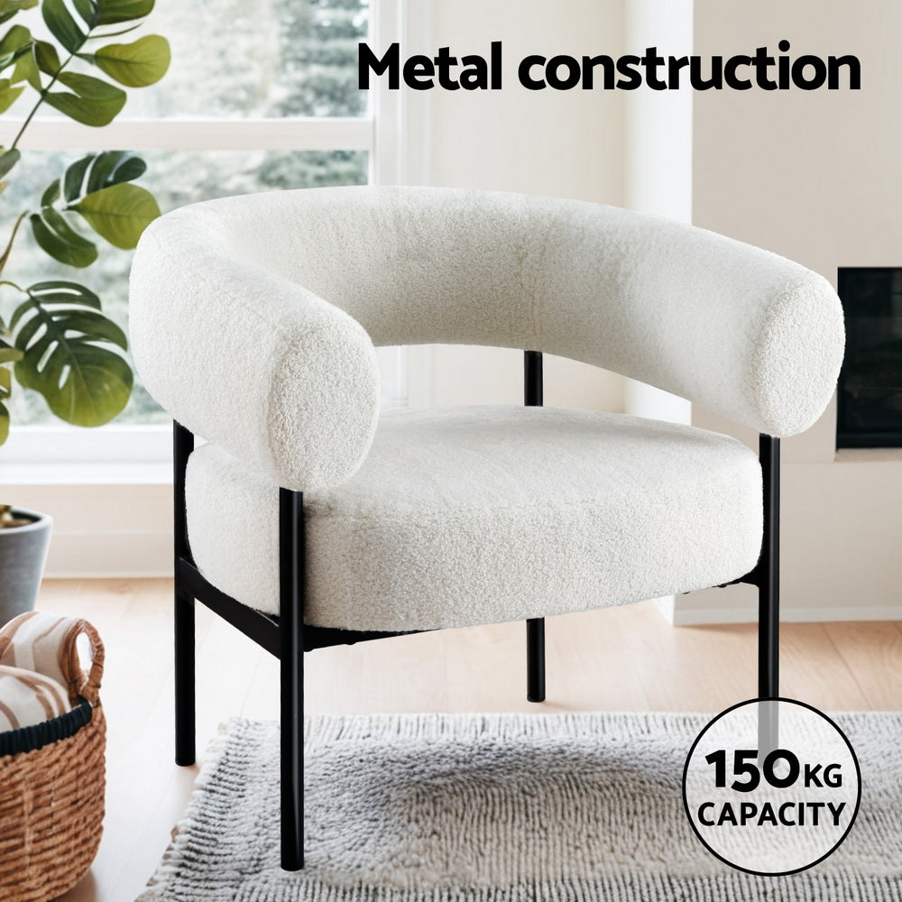 Armchair Accent Chair – Curved Boucle Upholstery, White