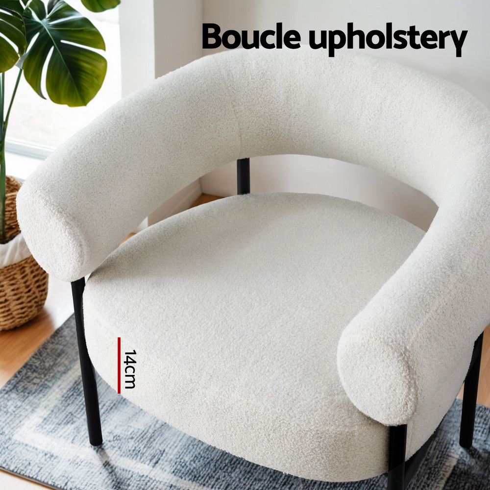 Armchair Accent Chair – Curved Boucle Upholstery, White