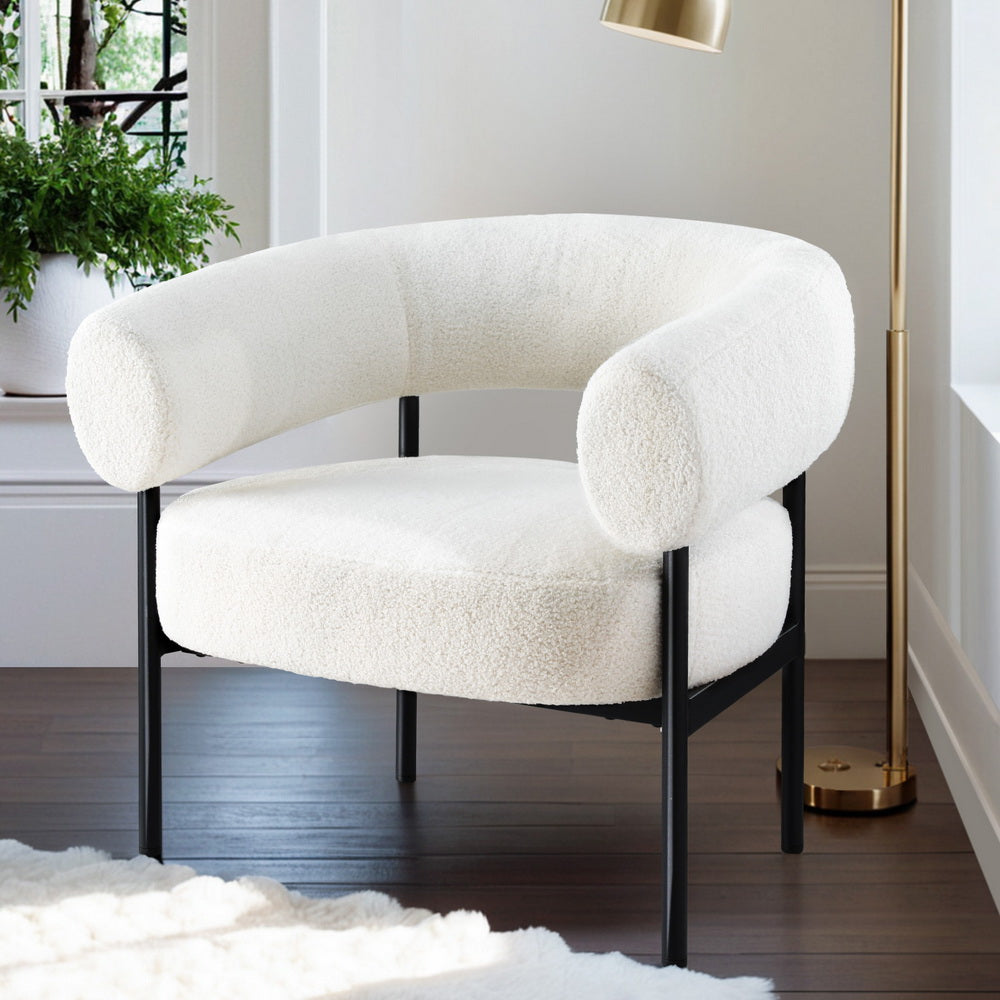 Armchair Accent Chair – Curved Boucle Upholstery, White