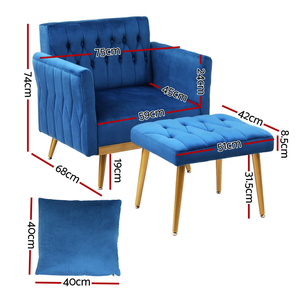 TWSC Armchair Ottoman Accent Chair Pillow Velvet Blue