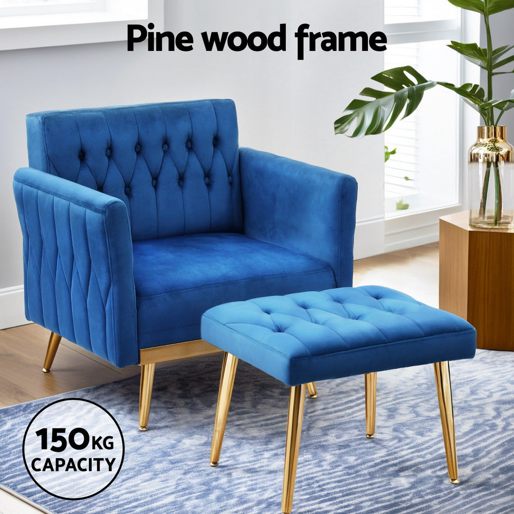 TWSC Armchair Ottoman Accent Chair Pillow Velvet Blue