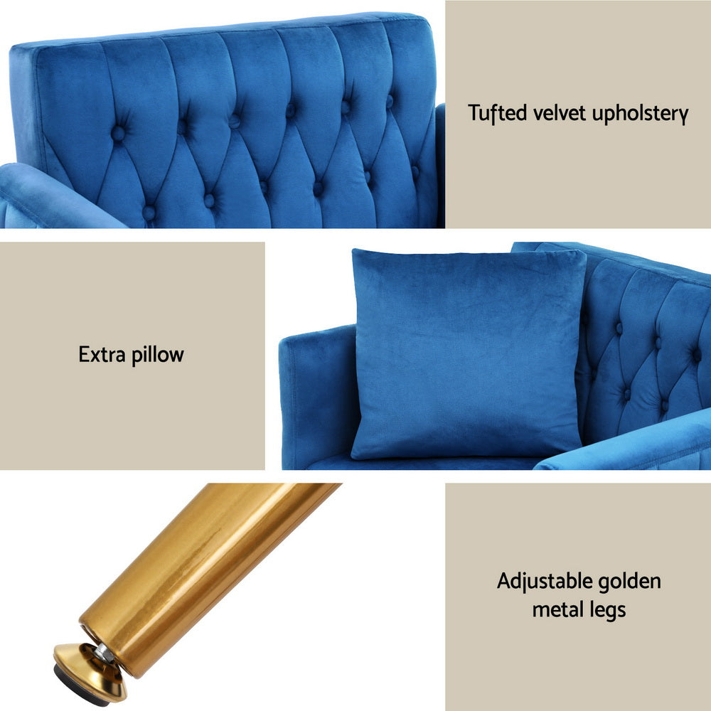 TWSC Armchair Ottoman Accent Chair Pillow Velvet Blue