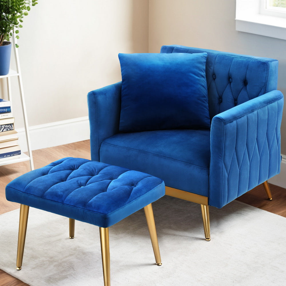 TWSC Armchair Ottoman Accent Chair Pillow Velvet Blue