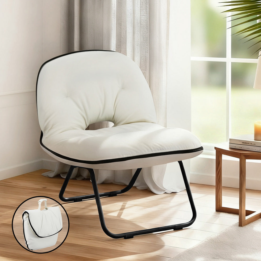 Foldable 2-in-1 Armchair Lounge Chair – Portable White Leather