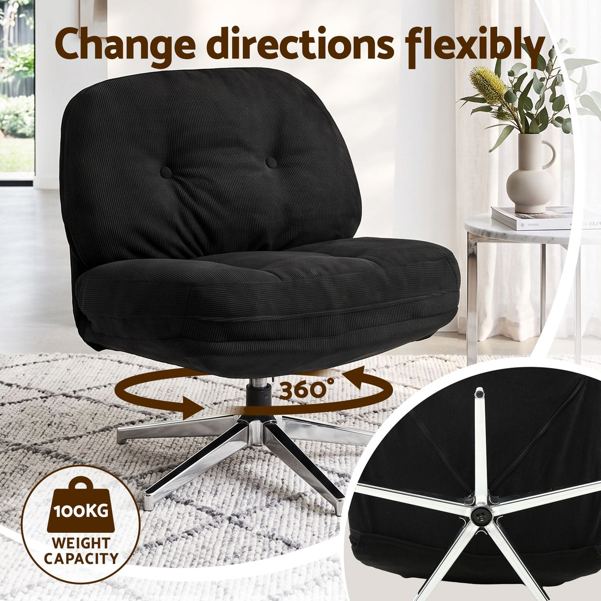TWSC Swivel Chair Nursing Armchair Lounge Corduroy Steel Star Base Black