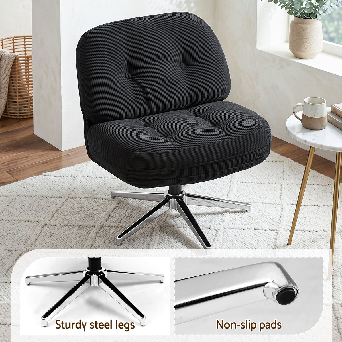 TWSC Swivel Chair Nursing Armchair Lounge Corduroy Steel Star Base Black