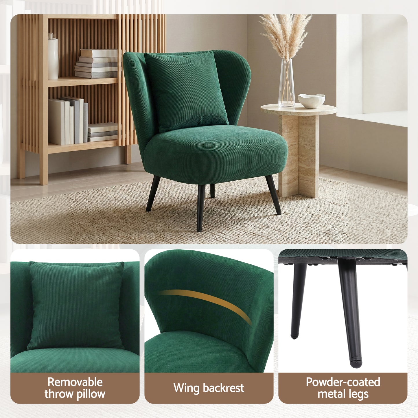 Armchair Accent Chair – Corduroy Velvet, Green
