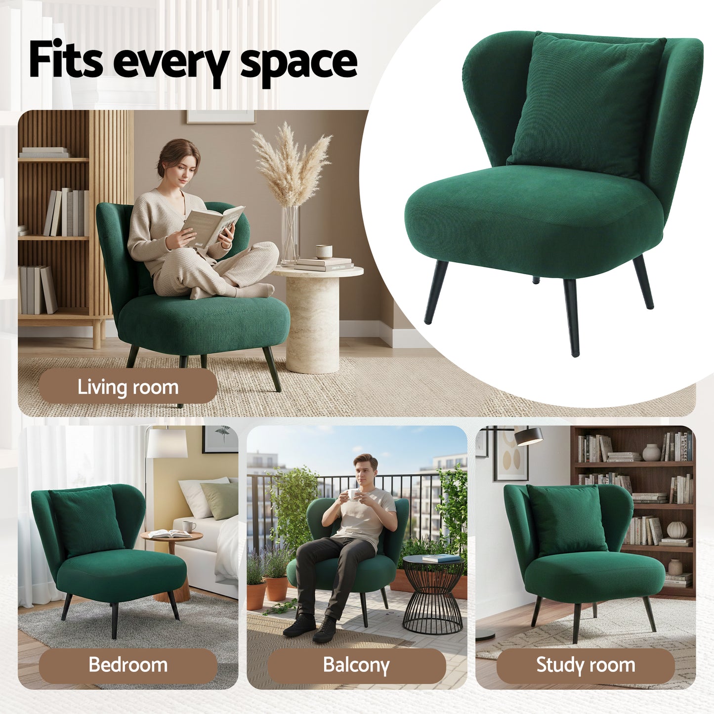 Armchair Accent Chair – Corduroy Velvet, Green