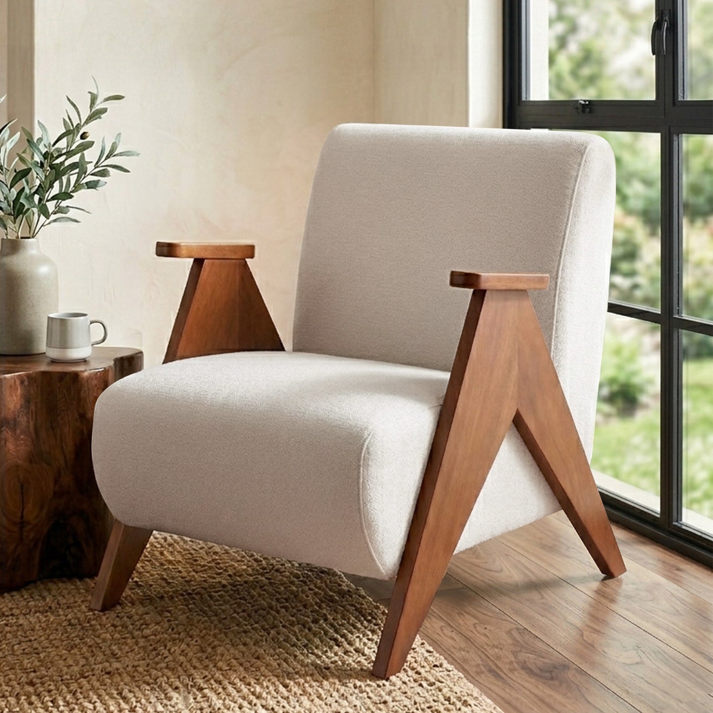 TWSC Armchair Accent Chair Sturdy Upholstered Solid Wood Chenille Fabric White