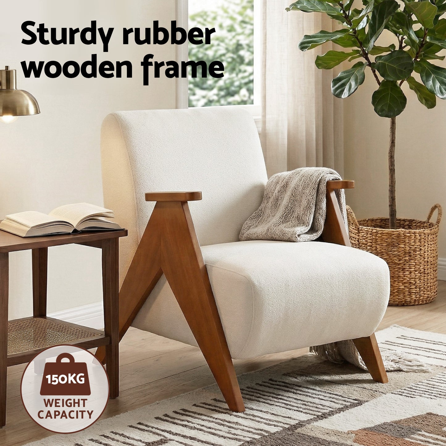 TWSC Armchair Accent Chair Sturdy Upholstered Solid Wood Chenille Fabric White