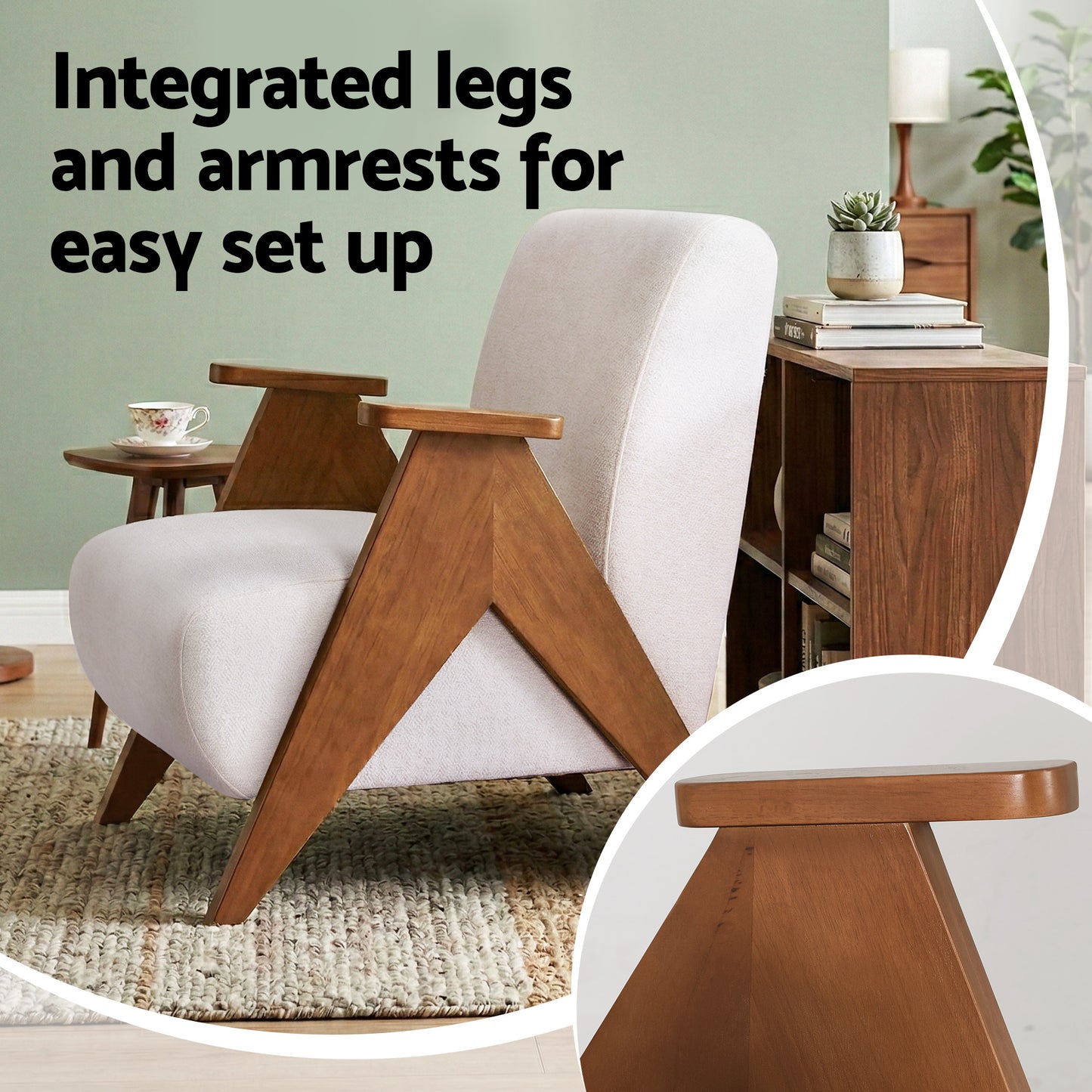 TWSC Armchair Accent Chair Sturdy Upholstered Solid Wood Chenille Fabric White