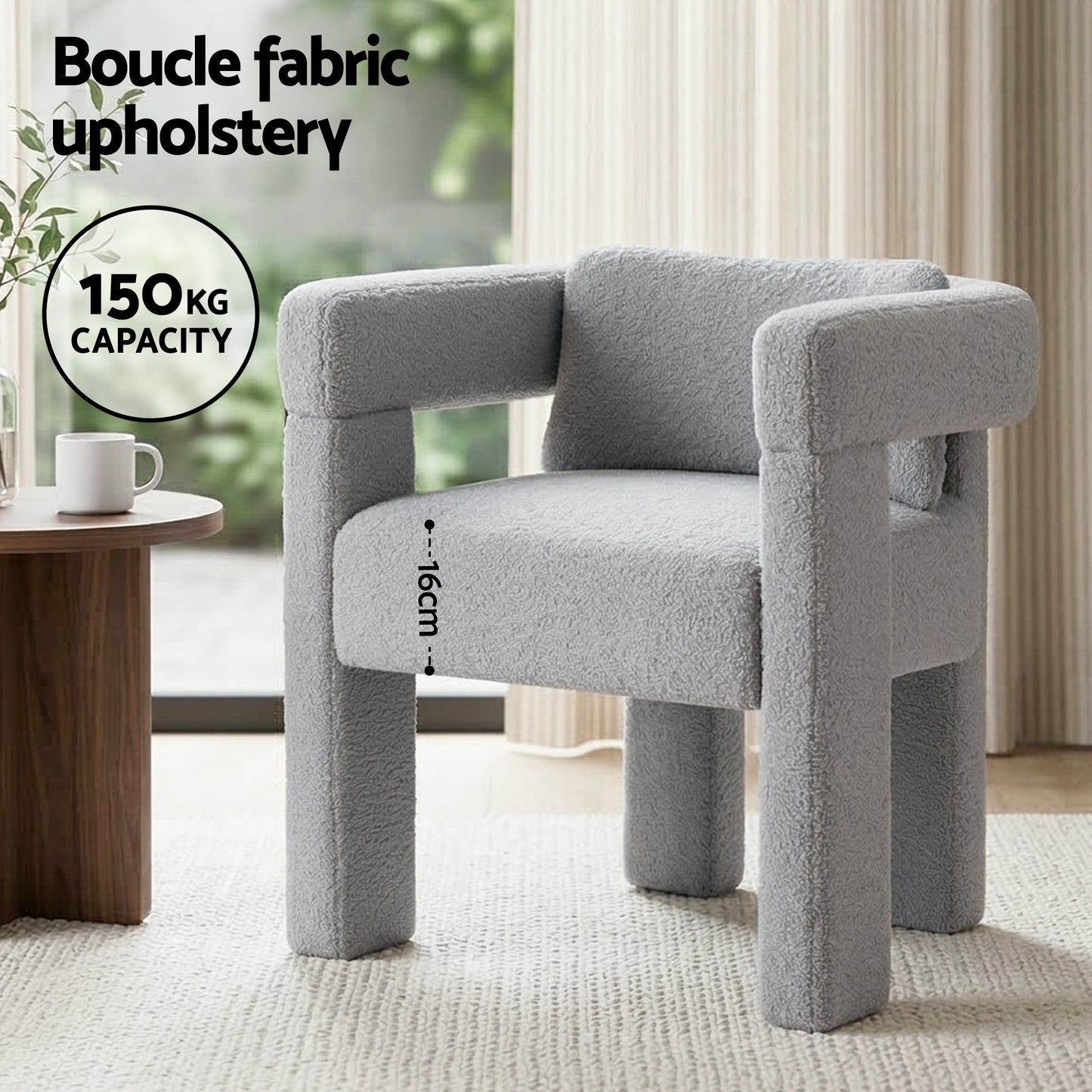 Armchair Accent Chair – Boucle Fabric, Grey