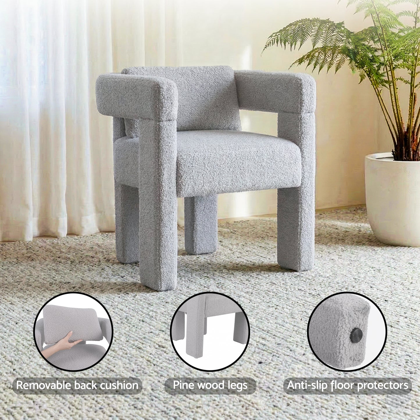 Armchair Accent Chair – Boucle Fabric, Grey