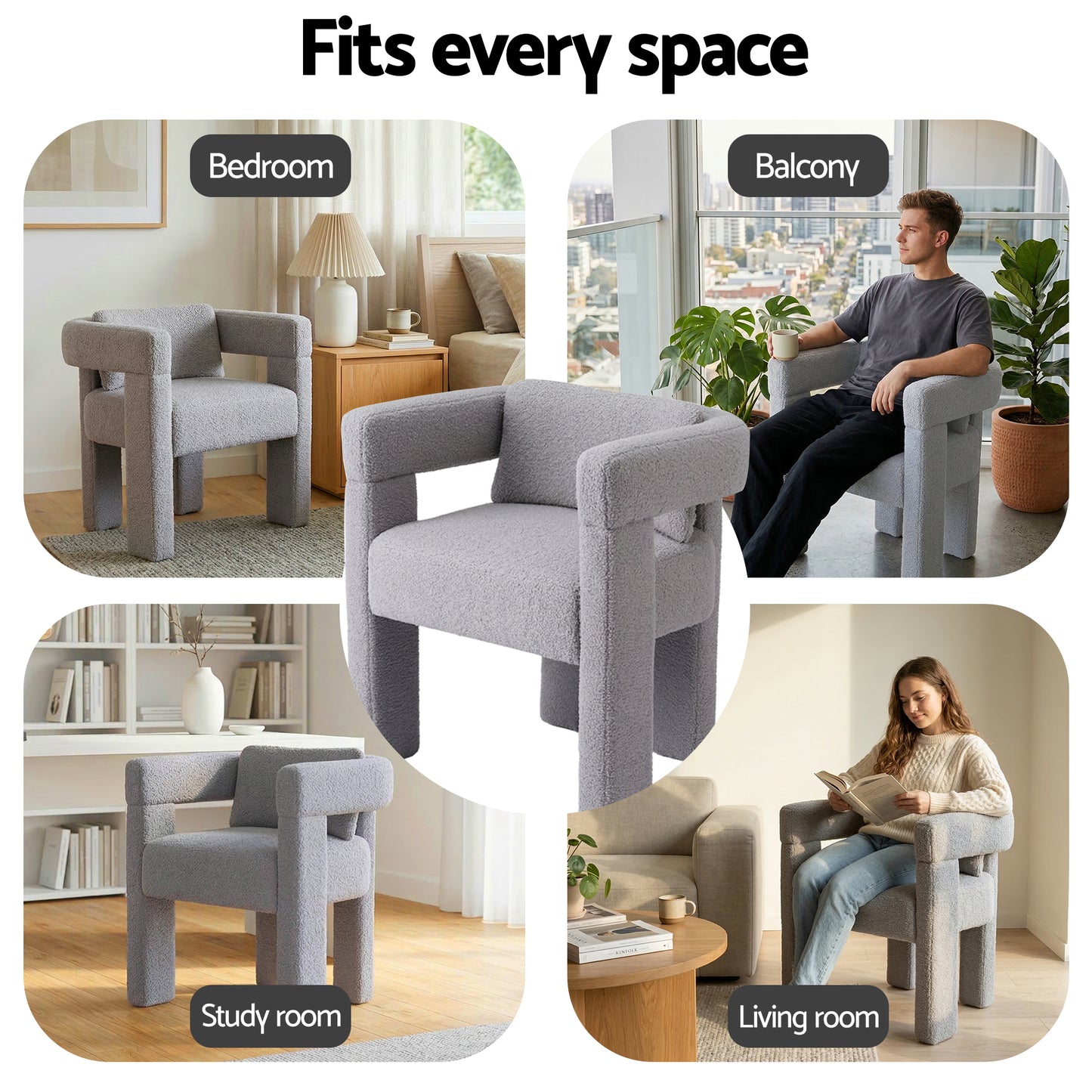 Armchair Accent Chair – Boucle Fabric, Grey