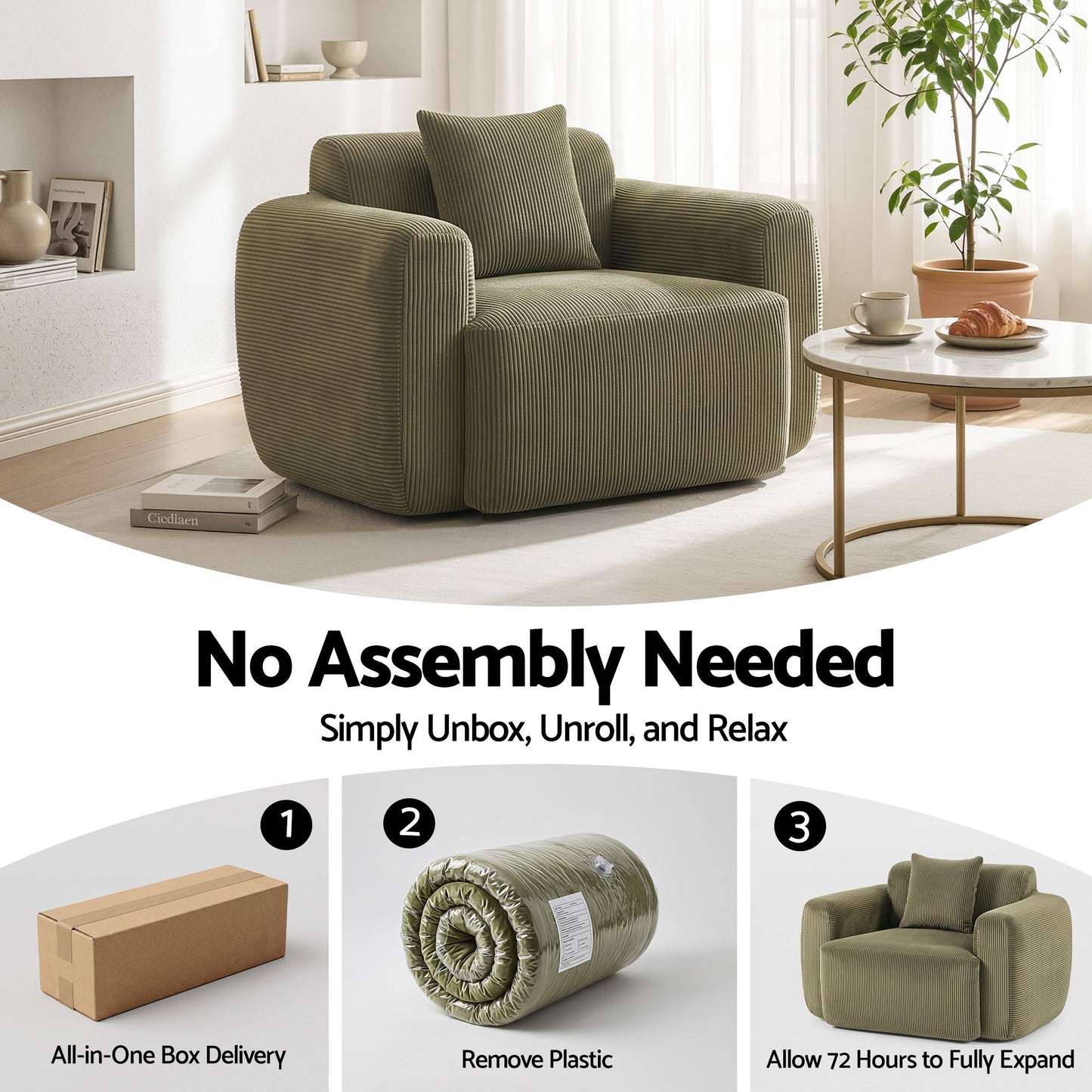 TWSC Compressed Armchair Sofa with Cushion Corduroy No Assembly Green