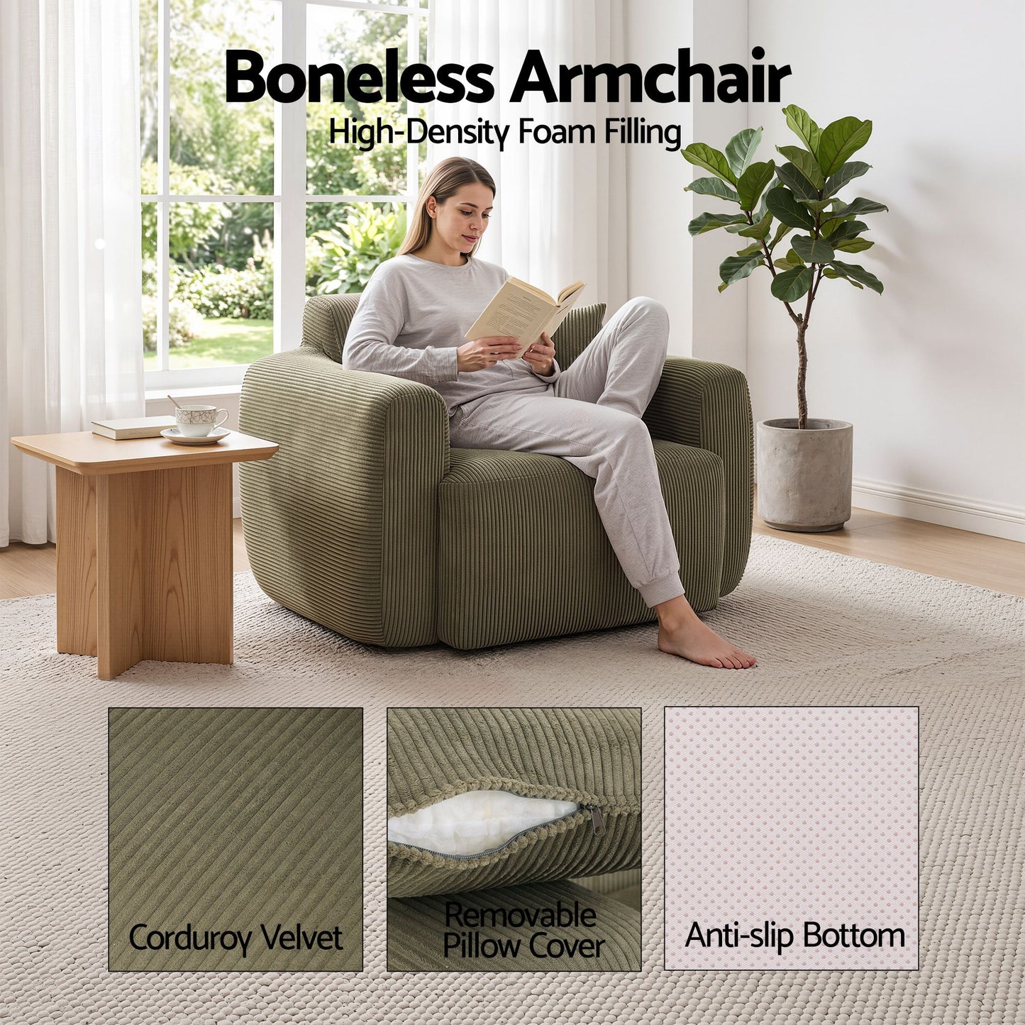 TWSC Compressed Armchair Sofa with Cushion Corduroy No Assembly Green
