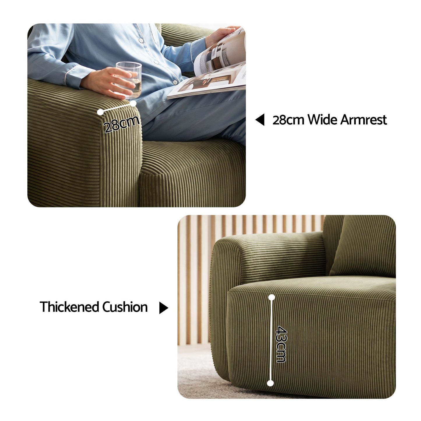 TWSC Compressed Armchair Sofa with Cushion Corduroy No Assembly Green