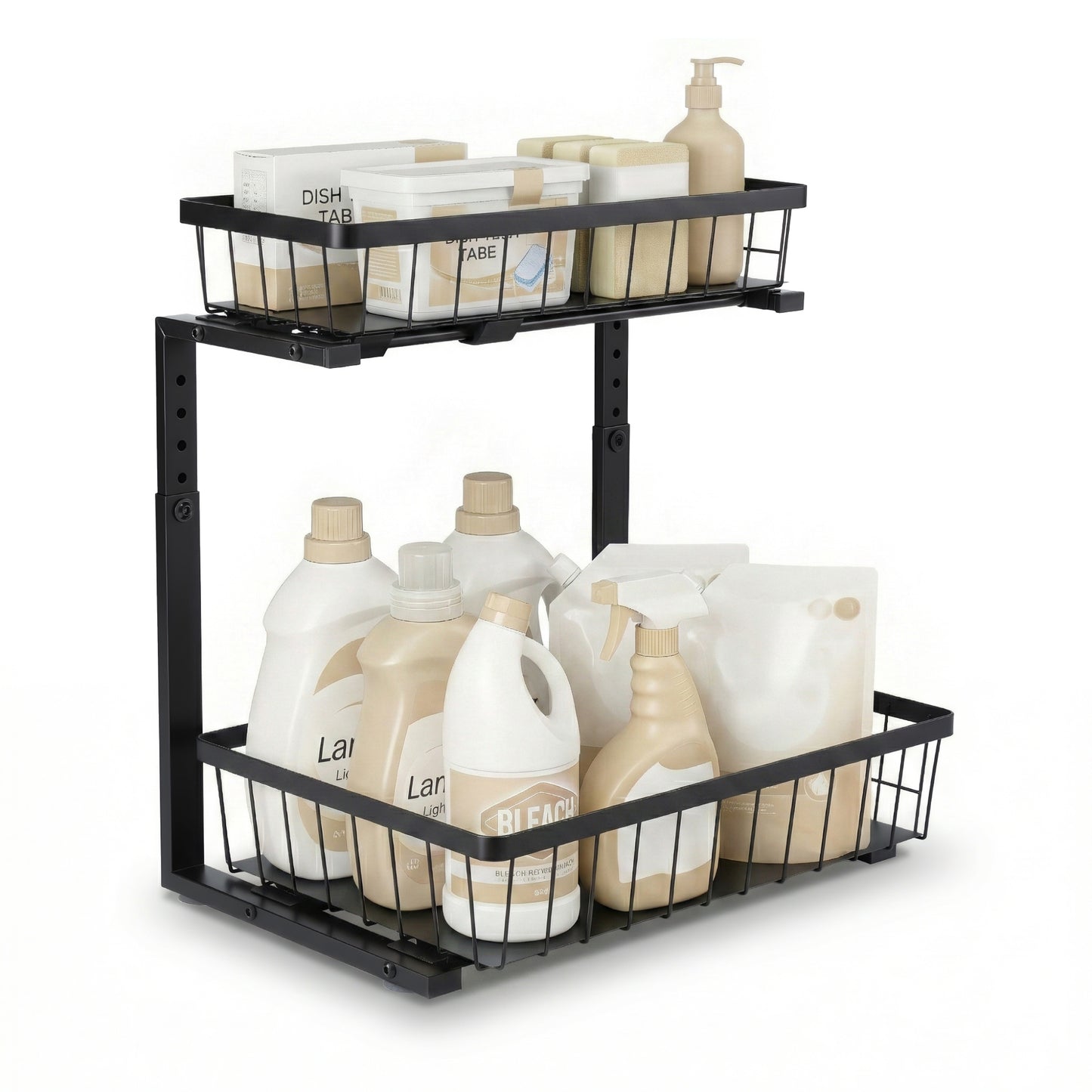 Under Sink Organizer – L-Shape with 2 Slide-Out Drawers, Adjustable Height, Black Steel