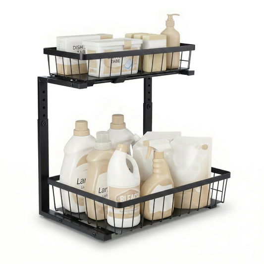 Under Sink Organizer – L-Shape with 2 Slide-Out Drawers, Adjustable Height, Black Steel