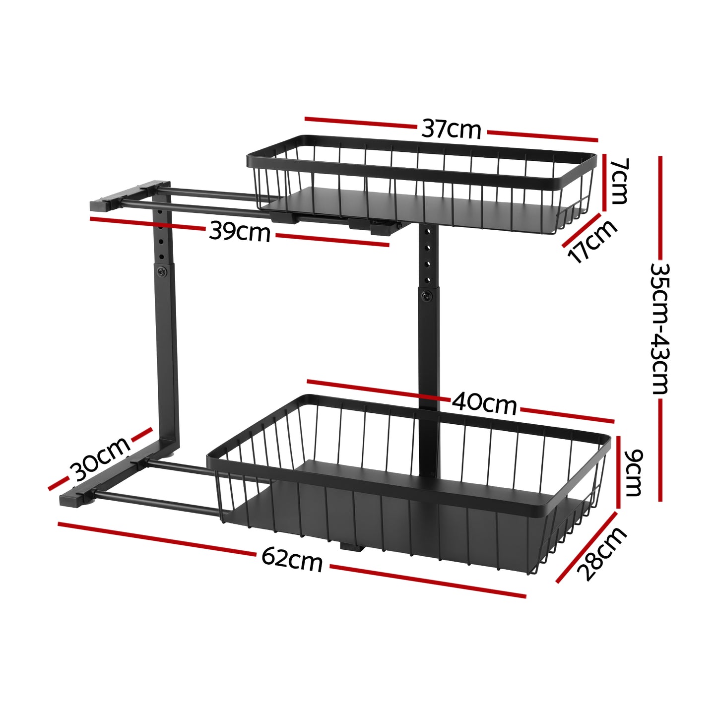 Under Sink Organizer – L-Shape with 2 Slide-Out Drawers, Adjustable Height, Black Steel