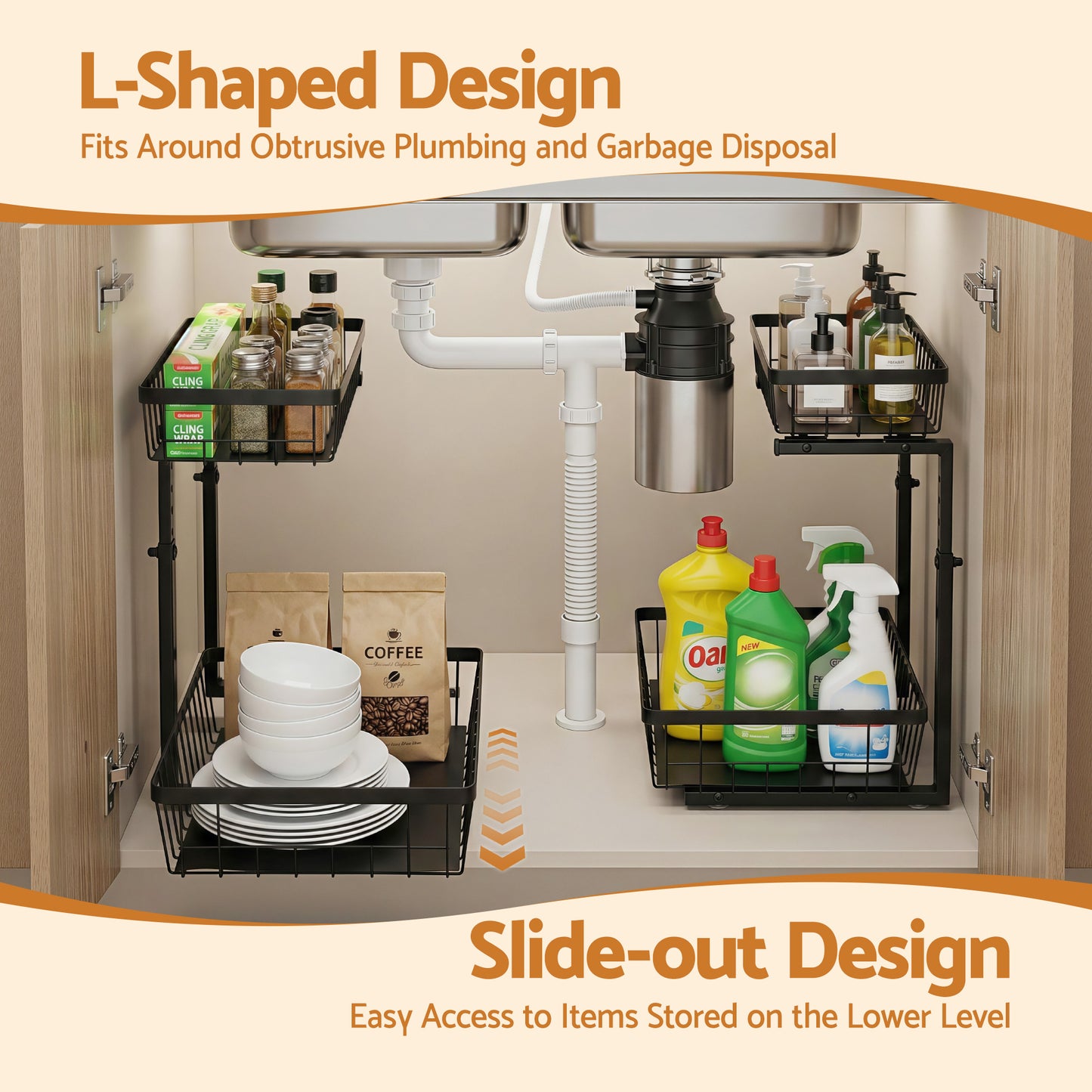 Under Sink Organizer – L-Shape with 2 Slide-Out Drawers, Adjustable Height, Black Steel
